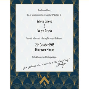 Puede incluir: Una invitaci&oacute;n formal a una fiesta de cumplea&ntilde;os n&uacute;mero 40 para Edwin y Evelyn Grieve. La fiesta se llevar&aacute; a cabo el 21 de octubre de 1933 en Dunraven Manor. La invitaci&oacute;n presenta un dise&ntilde;o art d&eacute;co en oro y azul.