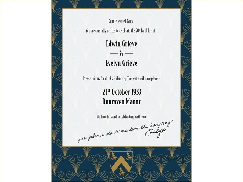 Puede incluir: Una invitaci&oacute;n formal a una fiesta de cumplea&ntilde;os n&uacute;mero 40 para Edwin y Evelyn Grieve. La fiesta se llevar&aacute; a cabo el 21 de octubre de 1933 en Dunraven Manor. La invitaci&oacute;n presenta un dise&ntilde;o art d&eacute;co en oro y azul.