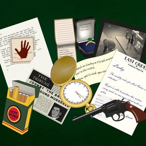 Peut inclure: Un ensemble d'objets li&eacute;s &agrave; un myst&egrave;re de meurtre, comprenant un titre de journal, un paquet de cigarettes, une montre de poche, une arme &agrave; feu, une bague dans un &eacute;crin, une note et un bon de commande de fun&eacute;railles. Le titre du journal est "Johnny 'The Brain' Found Murdered". La note dit "Hitch on Lucky or I'll tell everyone you're the snitch."