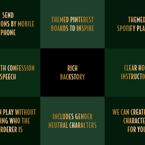 Peut inclure: Un graphique vert et noir avec du texte dor&eacute; d&eacute;crivant les caract&eacute;ristiques d'un jeu de meurtre myst&egrave;re. Le texte comprend "Envoyer des invitations par t&eacute;l&eacute;phone mobile", "Des tableaux Pinterest th&eacute;matiques pour inspirer", "Une playlist Spotify th&eacute;matique", "Se termine par un discours de confession", "Une riche histoire", "Des instructions claires pour l'h&ocirc;te", "L'h&ocirc;te peut jouer sans savoir qui est le meurtrier", "Inclut des personnages neutres en termes de genre", et "Nous pouvons cr&eacute;er des personnages suppl&eacute;mentaires pour vous".