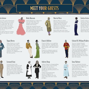 Puede incluir: Una ilustraci&oacute;n colorida de 10 personajes, cada uno con un nombre y una descripci&oacute;n &uacute;nicos. Los personajes est&aacute;n representados en un estilo vintage, con cada personaje teniendo una personalidad e historia de fondo diferentes. La ilustraci&oacute;n est&aacute; sobre un fondo con un patr&oacute;n azul y dorado.
