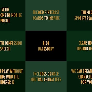 Puede incluir: Un gr&aacute;fico verde y negro con texto dorado que describe las caracter&iacute;sticas de un juego de misterio de asesinato. El texto incluye "Enviar invitaciones por tel&eacute;fono m&oacute;vil", "Tableros de Pinterest tem&aacute;ticos para inspirar", "Lista de reproducci&oacute;n de Spotify tem&aacute;tica", "Termina con un discurso de confesi&oacute;n", "Una rica historia de fondo", "Instrucciones claras para el anfitri&oacute;n", "El anfitri&oacute;n puede jugar sin saber qui&eacute;n es el asesino", "Incluye personajes neutrales en cuanto al g&eacute;nero", y "Podemos crear personajes adicionales para ti".