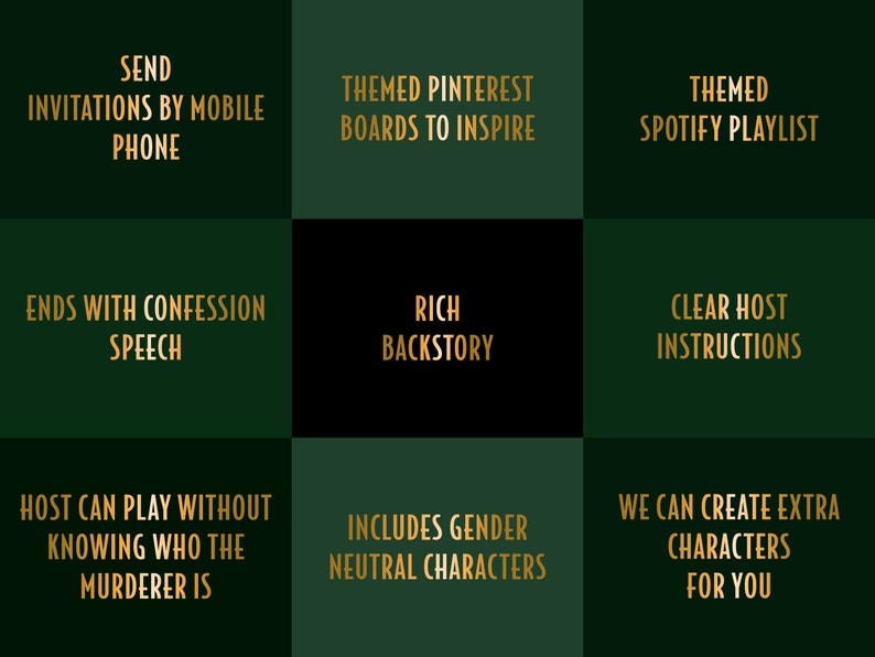 Puede incluir: Un gr&aacute;fico verde y negro con texto dorado que describe las caracter&iacute;sticas de un juego de misterio de asesinato. El texto incluye "Enviar invitaciones por tel&eacute;fono m&oacute;vil", "Tableros de Pinterest tem&aacute;ticos para inspirar", "Lista de reproducci&oacute;n de Spotify tem&aacute;tica", "Termina con un discurso de confesi&oacute;n", "Una rica historia de fondo", "Instrucciones claras para el anfitri&oacute;n", "El anfitri&oacute;n puede jugar sin saber qui&eacute;n es el asesino", "Incluye personajes neutrales en cuanto al g&eacute;nero", y "Podemos crear personajes adicionales para ti".