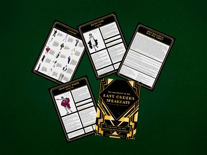 Peut inclure: Une invitation &agrave; une soir&eacute;e speakeasy noire et dor&eacute;e. L'invitation indique "Vous &ecirc;tes invit&eacute; au Last Orders Speakeasy". L'invitation comprend &eacute;galement des informations sur la f&ecirc;te, y compris le code vestimentaire, qui comprend des options pour un "Conservative Baker", une "Flapper" et une "Tenue".