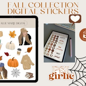 May include: A digital sticker sheet with a fall theme. The stickers feature illustrations of pumpkins, leaves, coffee cups, a candle, a sweater, and a woman wearing a hat. The text "girlie cozy", "fall", "SZN picking", and "PSI girlhe" is also included.