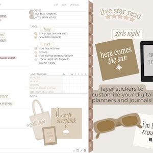 May include: A digital planner page with a weekly calendar layout. The page features a variety of stickers with text such as "five star read", "girls night", "here comes the sun", "book lover", "I don't overthink it", and "i'm busy reading".