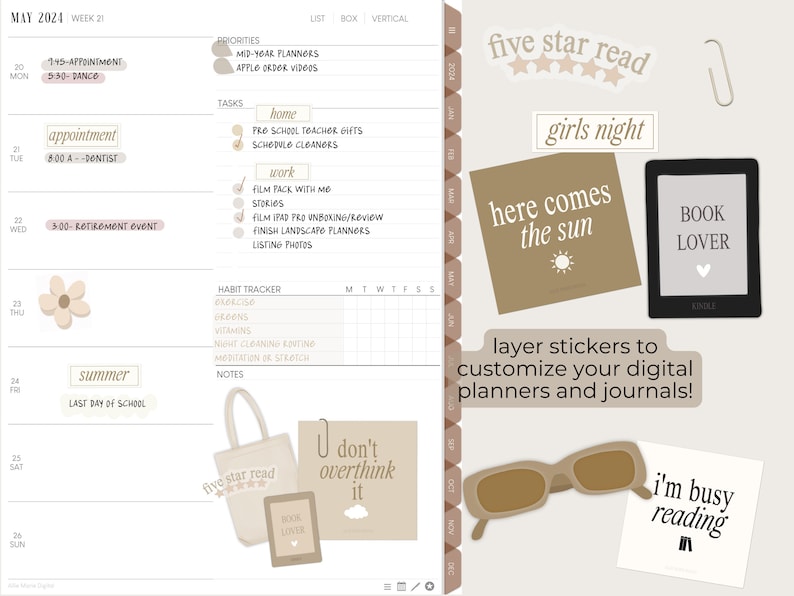 May include: A digital planner page with a weekly calendar layout. The page features a variety of stickers with text such as "five star read", "girls night", "here comes the sun", "book lover", "I don't overthink it", and "i'm busy reading".