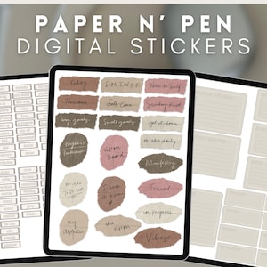 May include: Digital stickers for planners, with the text "PAPER N' PEN DIGITAL STICKERS". The stickers are in neutral tones and include labels for daily tasks, goals, and self-care. The stickers are displayed on a tablet.