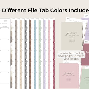May include: A planner with 10 different file tab colours, coordinated monthly cover pages, and the text "January". The tabs are in various colours, including beige, grey, and pink. The text "10 Different File Tab Colours Included!" is at the top.