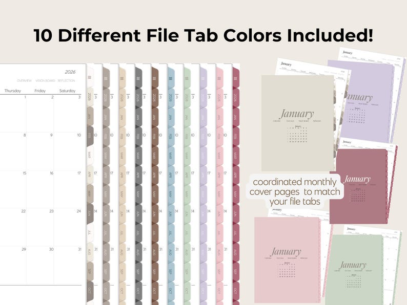 May include: A planner with 10 different file tab colours, coordinated monthly cover pages, and the text "January". The tabs are in various colours, including beige, grey, and pink. The text "10 Different File Tab Colours Included!" is at the top.