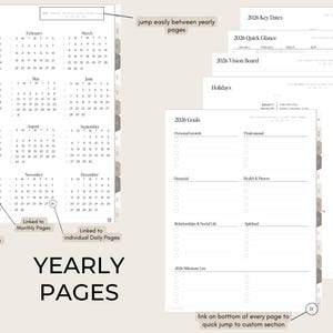 May include: A planner featuring a 2026 calendar, key dates, and goal-setting sections. The pages are linked to monthly, weekly, and daily pages. The text "YEARLY PAGES" is at the bottom. Includes metric measurements.