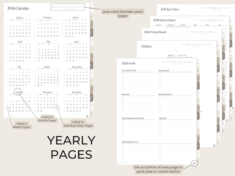 May include: A planner featuring a 2026 calendar, key dates, and goal-setting sections. The pages are linked to monthly, weekly, and daily pages. The text "YEARLY PAGES" is at the bottom. Includes metric measurements.