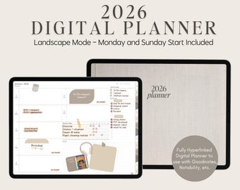 Könnte beinhalten: Ein digitaler Planer für 2026 im Querformat, mit Startoptionen für Montag und Sonntag. Das Bild zeigt ein Tablet, das das Layout des Planers anzeigt, sowie einen geschlossenen Planer. Der Planer ist für die Verwendung mit Goodnotes, Notability usw. konzipiert.