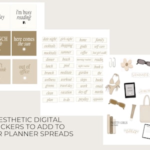 May include: A set of digital planner stickers with a summer theme. The stickers feature illustrations of sunglasses, a book, a tote bag, a cup of coffee, a bikini, a flower, and a book with the text "Book Lover". The stickers are in shades of brown and beige.