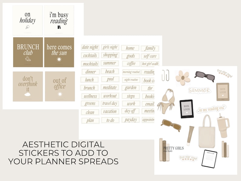 May include: A set of digital planner stickers with a summer theme. The stickers feature illustrations of sunglasses, a book, a tote bag, a cup of coffee, a bikini, a flower, and a book with the text "Book Lover". The stickers are in shades of brown and beige.
