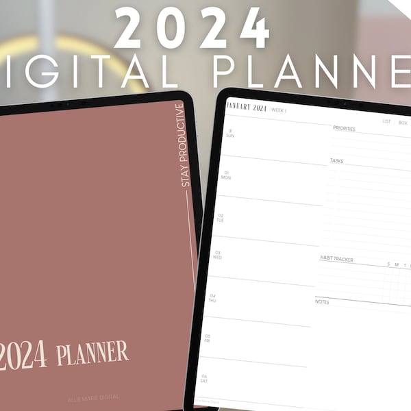 2024 Digitale Planner door Allie Marie Digitaal, Portret, Gedateerd Maandelijks Wekelijks Dagelijks, iPad Planner, GoodNotes, Notability, Minimalistische Planner