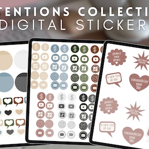 Könnte beinhalten: Digitale Sticker mit einer Vielzahl von Designs, darunter Herzen, Kreise, Sprechblasen und Social-Media-Icons. Die Sticker sind in Braun-, Beige-, Blau- und Grüntönen gehalten. Der Text "INTENTIONS COLLECTION DIGITAL STICKERS" befindet sich oben im Bild.