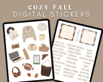 Può includere: Adesivi digitali a tema autunnale accogliente. L'immagine presenta illustrazioni di un cardigan, una zucca, una tazza di caffè, stivali e altri oggetti legati all'autunno. Il testo sull'immagine recita "COZY FALL DIGITAL STICKERS."