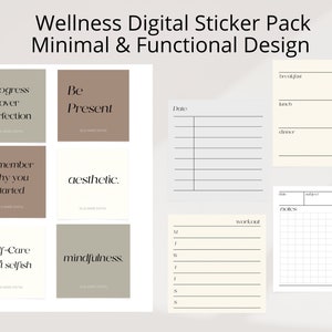 May include: A set of digital stickers for wellness and productivity. The stickers feature motivational quotes like "Progress over Perfection", "Be Present", "Remember why you started", "Aesthetic", "Self-Care isn't selfish", and "Mindfulness". There are also stickers for meal planning, workout tracking, and note-taking.