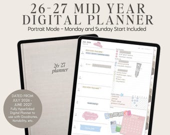 Agenda digitale di metà anno 2026-2027 di Allie Marie Digital, formato verticale, mensile, settimanale e giornaliero per Goodnotes e iPad
