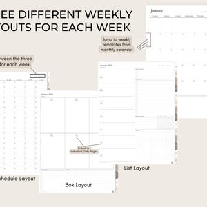 May include: Image displaying three different weekly planner layouts: schedule, box, and list. Text indicates the ability to jump between layouts and to individual daily pages. A monthly calendar is also shown. The text reads: 'THREE DIFFERENT WEEKLY LAYOUTS FOR EACH WEEK'.