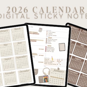 Può includere: Note adesive digitali per il calendario 2026, visualizzate su tre tablet. Le note sono in una palette di colori neutri con i mesi dell'anno e liste di cose da fare. Il testo "2026 CALENDAR DIGITAL STICKY NOTES" è in alto.