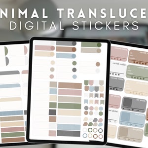 May include: Three digital sticker sheets with a minimalist design. The stickers are translucent and feature various shapes, including circles, squares, rectangles, and stars. The stickers are in shades of brown, green, blue, and beige.