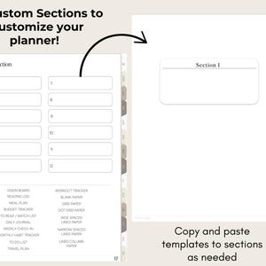 May include: A planner page with 12 custom sections and templates for various tracking needs. The page includes sections for vision boards, reading logs, meal plans, and more. The text reads "12 Custom Sections to customize your planner!"
