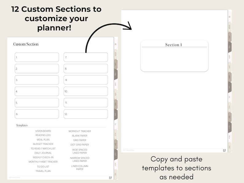 May include: A planner page with 12 custom sections and templates for various tracking needs. The page includes sections for vision boards, reading logs, meal plans, and more. The text reads "12 Custom Sections to customize your planner!"