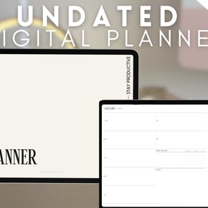 May include: A digital planner on a computer screen with the text "UNDATED DIGITAL PLANNER" at the top and "PLANNER" at the bottom. The planner is open to January and has sections for tasks, priorities, notes, and habit trackers.