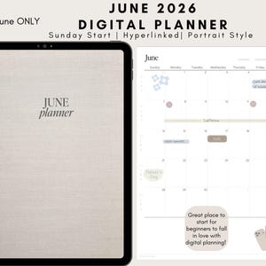 Könnte beinhalten: Digitaler Planer für Juni 2026 im Hochformat. Der Planer hat einen Wochenstart am Sonntag und ist mit Hyperlinks versehen. Das Cover zeigt "JUNE planner" in einer weichen Schriftart. Das Kalenderlayout enthält eine Monatsansicht mit Notizen und Symbolen. Der Text "Great place to start for beginners to fall in love with digital planning!"