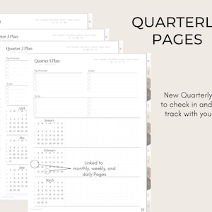 May include: Planner pages with the text "Quarterly Pages." The pages have sections for top priorities, to-do lists, and calendars. The text "New Quarterly Pages to check in and stay on track with your goals" is also visible.