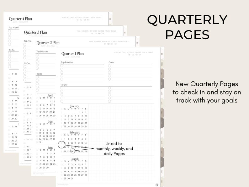 May include: Planner pages with the text "Quarterly Pages." The pages have sections for top priorities, to-do lists, and calendars. The text "New Quarterly Pages to check in and stay on track with your goals" is also visible.
