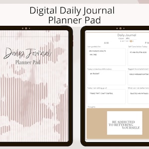 May include: A digital daily journal planner pad with a pink and white striped background. The journal has sections for gratitude, intentions, letting go, thoughts, self-care action, biggest accomplishment, and what to do better tomorrow. The text "Be addicted to bettering yourself." is at the bottom of the page.