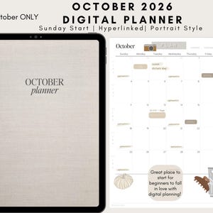 May include: A digital planner for October 2026 displayed on a tablet screen and as an open page. The cover reads OCTOBER planner. The calendar page features a Sunday start, hyperlinked tabs, and illustrations of a pumpkin and coffee.