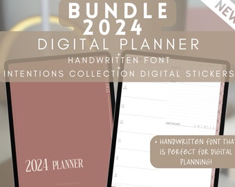 2024 Digital Planner + Handwritten Font + Digital Stickers by Allie Marie Digital, Portrait, Dated Monthly Weekly Daily, iPad, GoodNotes