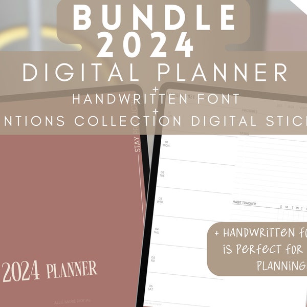 2024 Digital Planner + Handwritten Font + Digital Stickers by Allie Marie Digital, Portrait, Dated Monthly Weekly Daily, iPad, GoodNotes