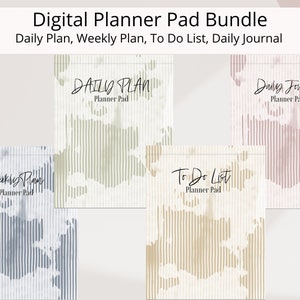 May include: A digital planner pad bundle featuring daily, weekly, and to-do list pads, along with a daily journal. Each pad has a unique design with vertical lines and watercolor-like blotches. The text on the pads includes "Daily Plan," "Weekly Plan," "To Do List," and "Daily Journal."