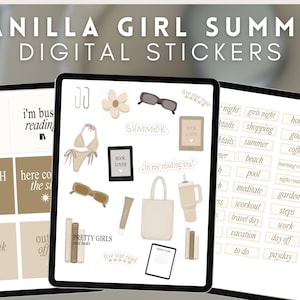 May include: A digital sticker set with a summer theme. The stickers feature illustrations of sunglasses, books, a tote bag, a coffee cup, and a bikini. The stickers also include text such as "Summer", "Book Lover", "In my reading era", and "Pretty Girls read books".