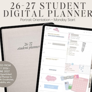 May include: A digital student planner for 2026-2027 displayed on a tablet screen. The interface shows a weekly layout for July 2026 with a Monday start, featuring pastel-colored stickers, a calendar view, and task lists in a portrait orientation.
