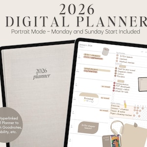 May include: A 2026 digital planner in portrait mode, with Monday and Sunday start. The planner has a neutral colour scheme and includes sections for tasks, notes, and a weekly schedule. The text "2026 Digital Planner" is displayed.