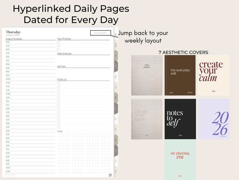 May include: A digital planner with daily pages, including a schedule, priorities, and to-do list. The image also shows seven aesthetic planner covers with titles like "Create Your Calm" and "Notes to Self."