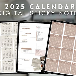 May include: A digital planner with a 2025 calendar on the screen. The calendar is divided into 12 months, each with its own page. The planner also has a to-do list and a notes section. The calendar is in a neutral beige color scheme with white text.