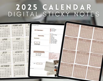 May include: A digital planner with a 2025 calendar on the screen. The calendar is divided into 12 months, each with its own page. The planner also has a to-do list and a notes section. The calendar is in a neutral beige color scheme with white text.