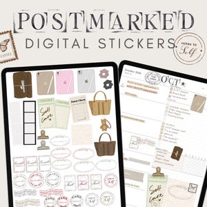 May include: A digital sticker set titled POSTMARKED DIGITAL STICKERS featuring various illustrations including tablets, tote bags, a teddy bear, stamps, and labels. The set includes text elements like Self Care, Paris, and Notes to Self on a light background.