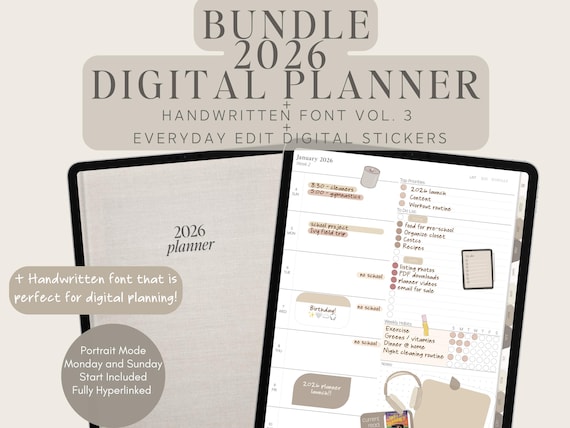 2026 Digital Planner + Handwritten Font + Digital Stickers by Allie Marie Digital, Portrait, Goodnotes