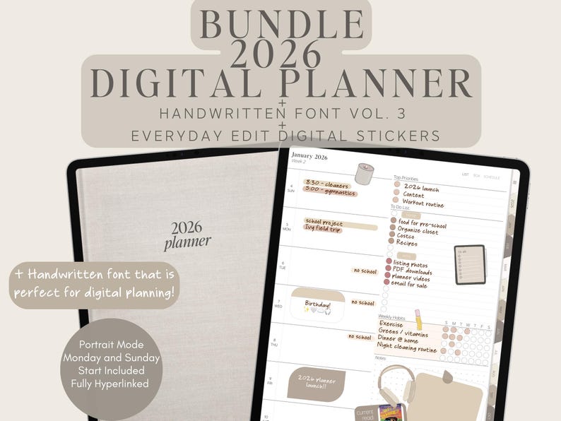 May include: A 2026 digital planner bundle with a handwritten font and digital stickers. The image shows a tablet displaying a planner layout with a neutral colour scheme. The planner includes sections for daily tasks, notes, and a calendar. Text on the image includes "2026 planner" and "January 2026".