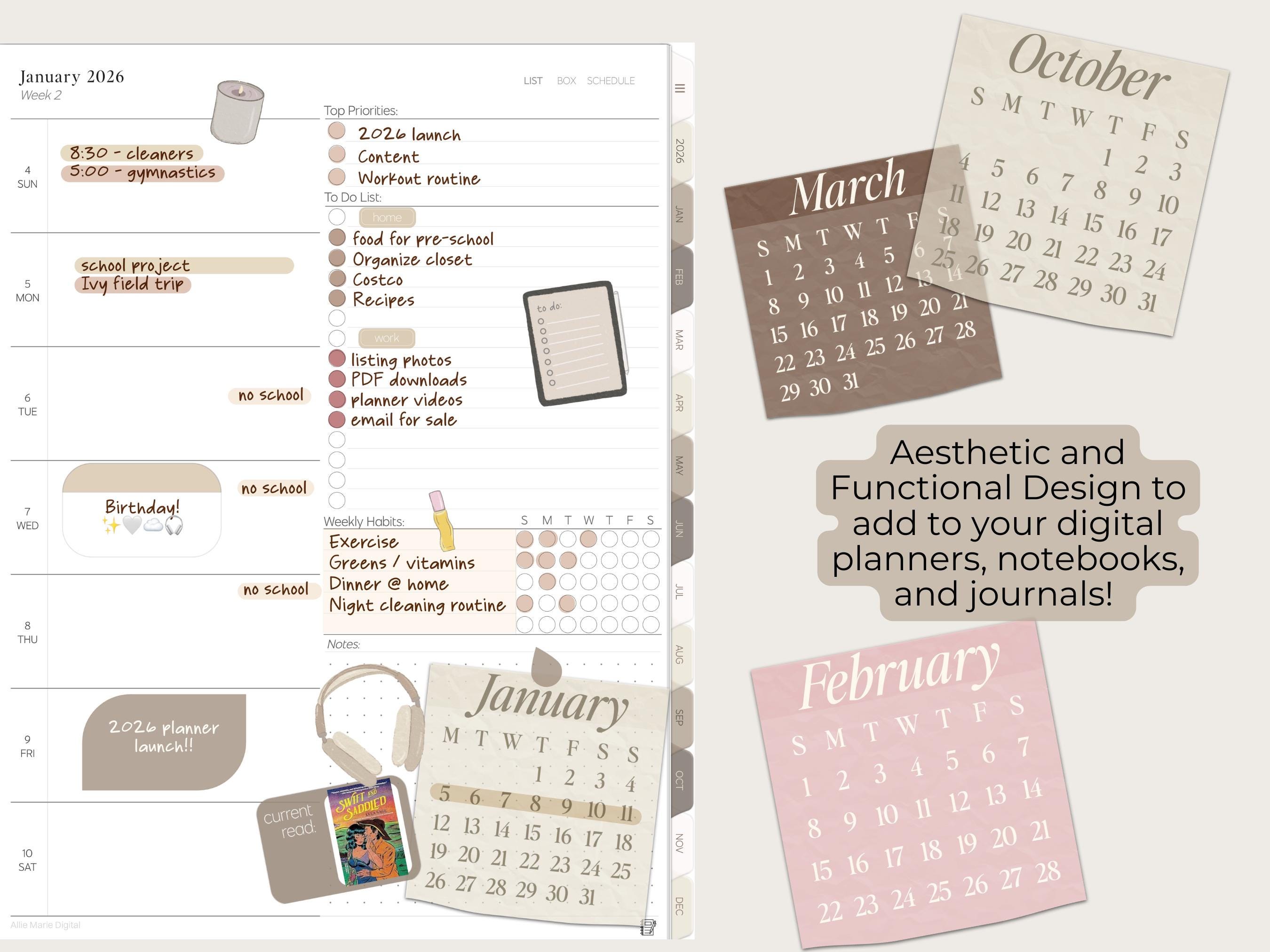 2026 Calendar Digital Stickers and Widgets by Allie Marie Digital ...