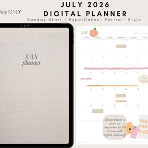 Può includere: Un'agenda digitale per luglio 2026 visualizzata sullo schermo di un tablet. La copertina è beige con il testo JULY planner. La pagina interna mostra un calendario mensile con inizio domenica, un'icona a forma di pesca e vari riquadri.