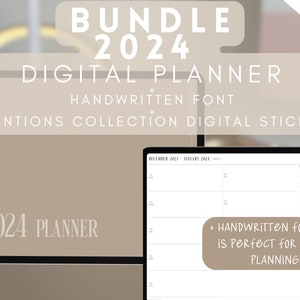 2024 Digital Planner + Handwritten Font + Digital Stickers by Allie Marie Digital, Landscape, Dated Monthly Weekly Daily, iPad, GoodNotes